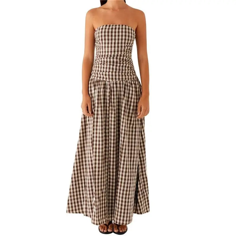 Pleated Grid Halter Maxi Dress