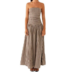 Pleated Grid Halter Maxi Dress