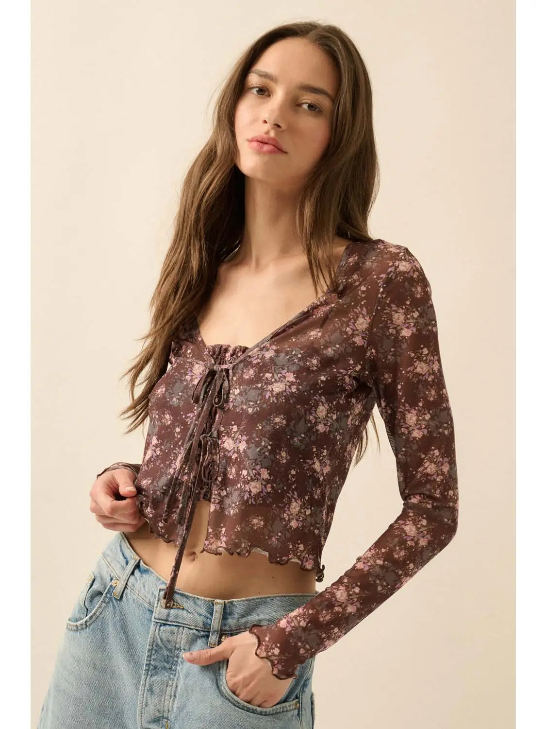Floral-Print Mesh Layered Top