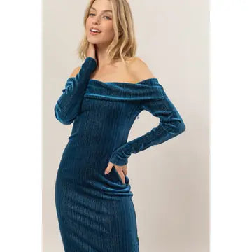 Velour Off The Shoulder Midi Dress