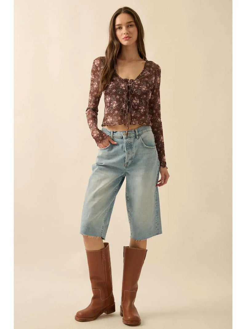 Floral-Print Mesh Layered Top