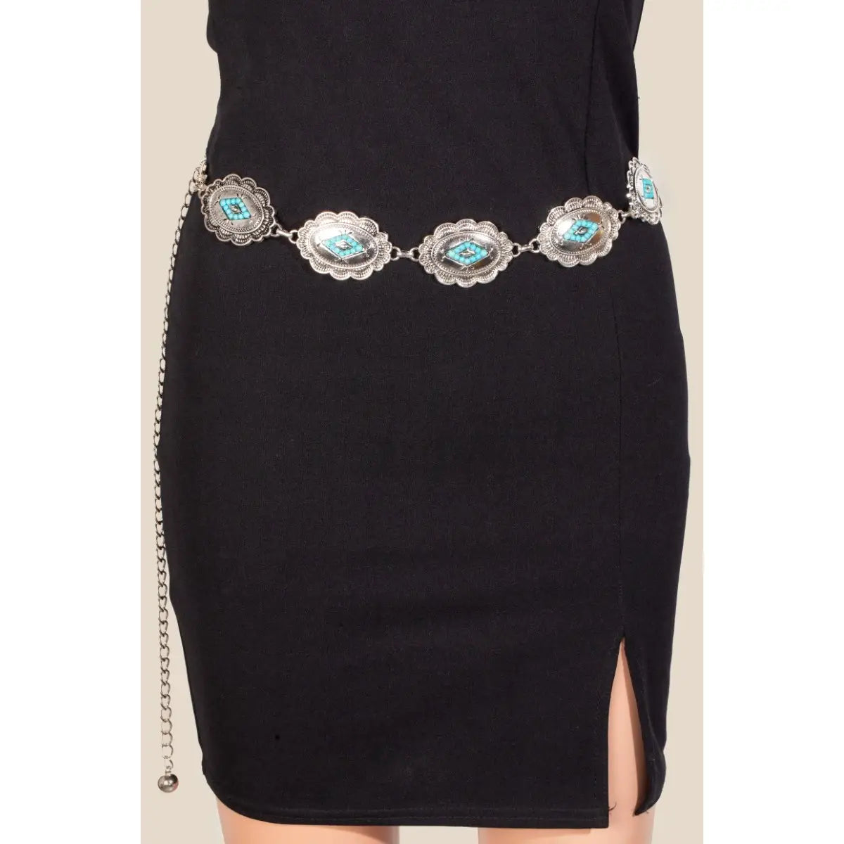 Turquoise Studded Oval Western Concho Chain Belt