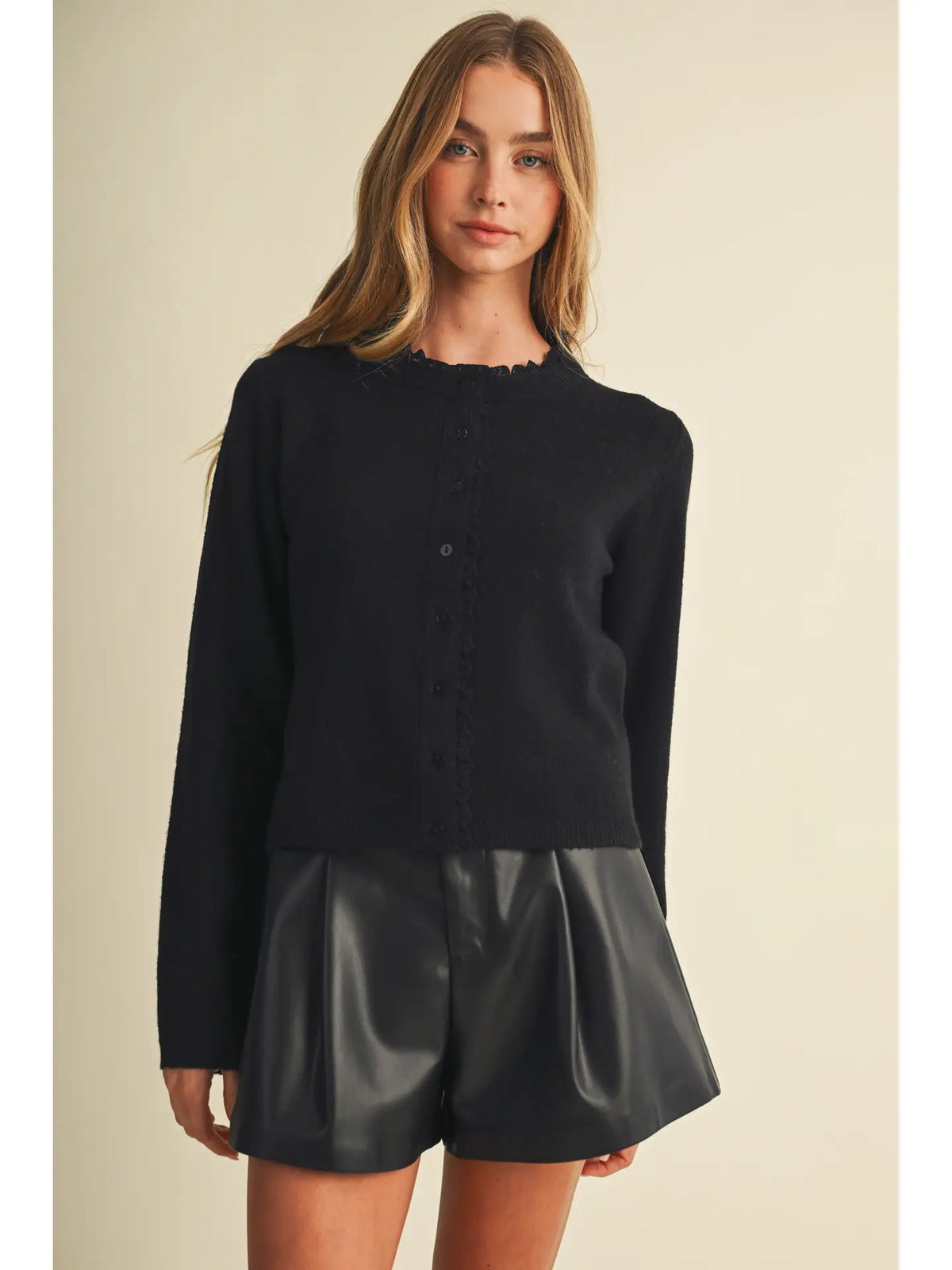 Ruffle-Trim Crew-Neck Knit Blouse