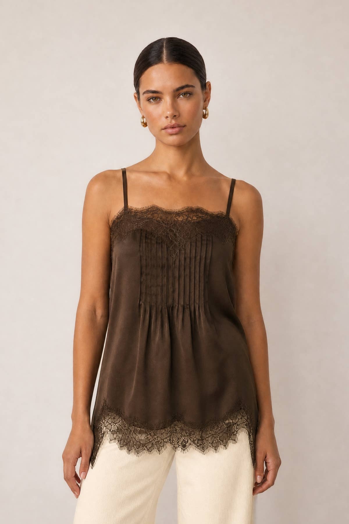 Satin Lace Trim Pintuck Cami Top