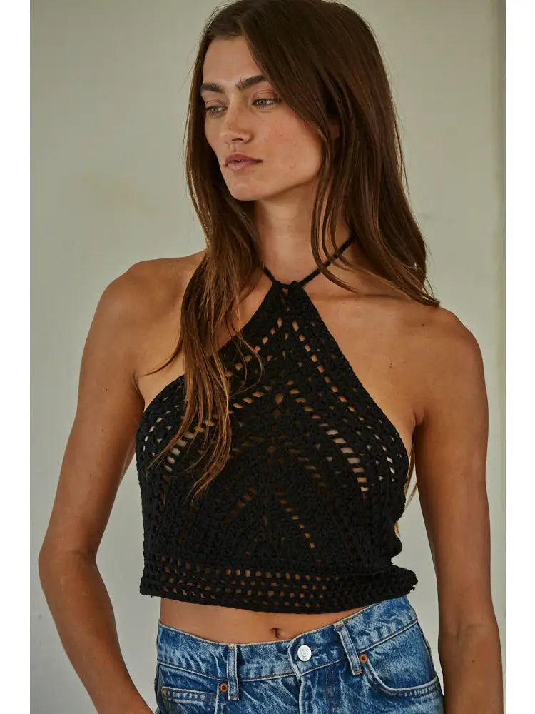 Knit Sweater Acrylic Crochet Halter Tie Crop Top