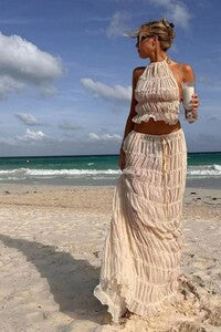 Ruched Halter Backless Top and Maxi Skirt Set