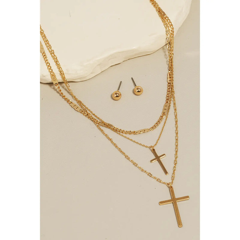 Double Cross Charm Layered Chains Necklace Set