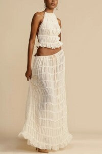 Ruched Halter Backless Top and Maxi Skirt Set