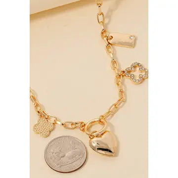 Clover Heart and Key Charm Chain Necklace
