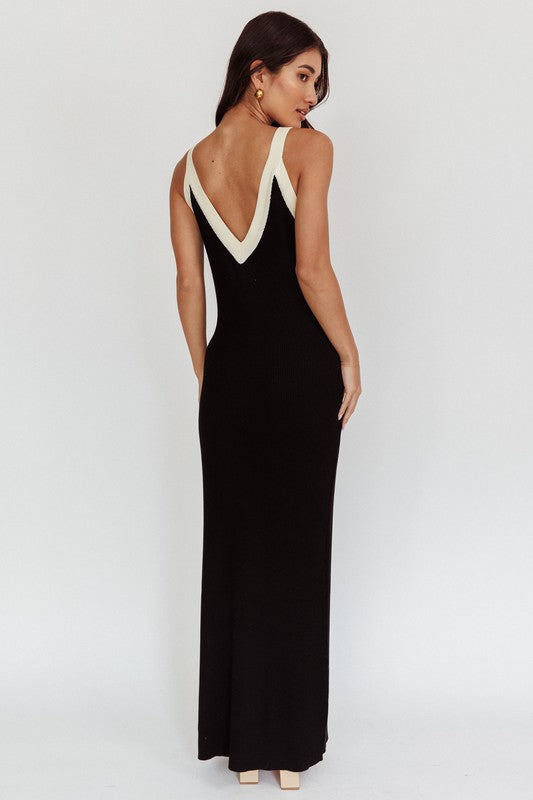 Two Tone V- Neck Maxi Dress