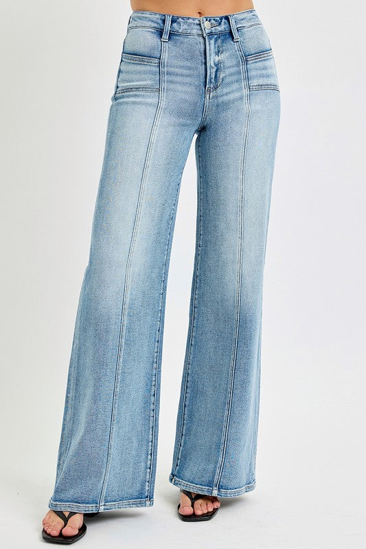 Risen Mid Rise Wide Jeans w/Front Patch Pocket