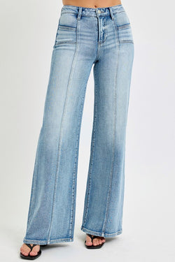 Risen Mid Rise Wide Jeans w/Front Patch Pocket