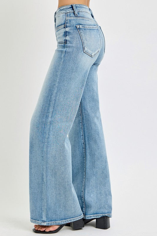 Risen Mid Rise Wide Jeans w/Front Patch Pocket