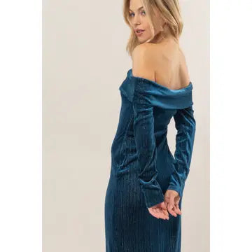 Velour Off The Shoulder Midi Dress