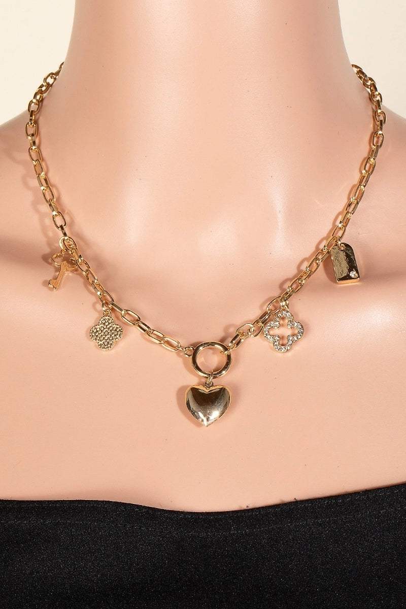 Clover Heart and Key Charm Chain Necklace