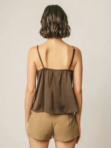 Kiya Satin Lace Tie Front Cami Top