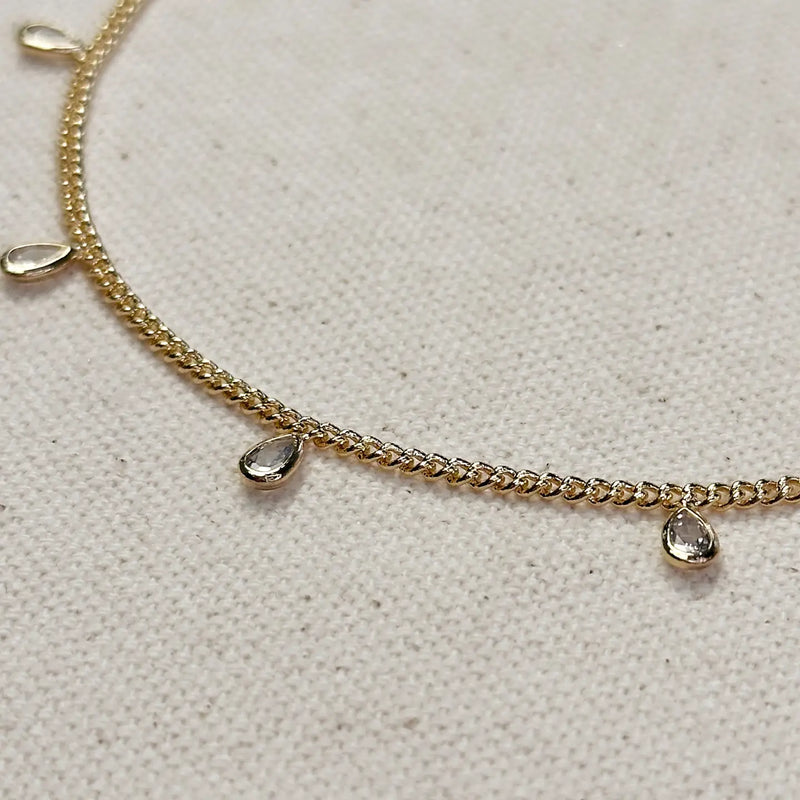 18k Gold Filled 2mm Curb Chain with Bezel Cz Drops Anklet