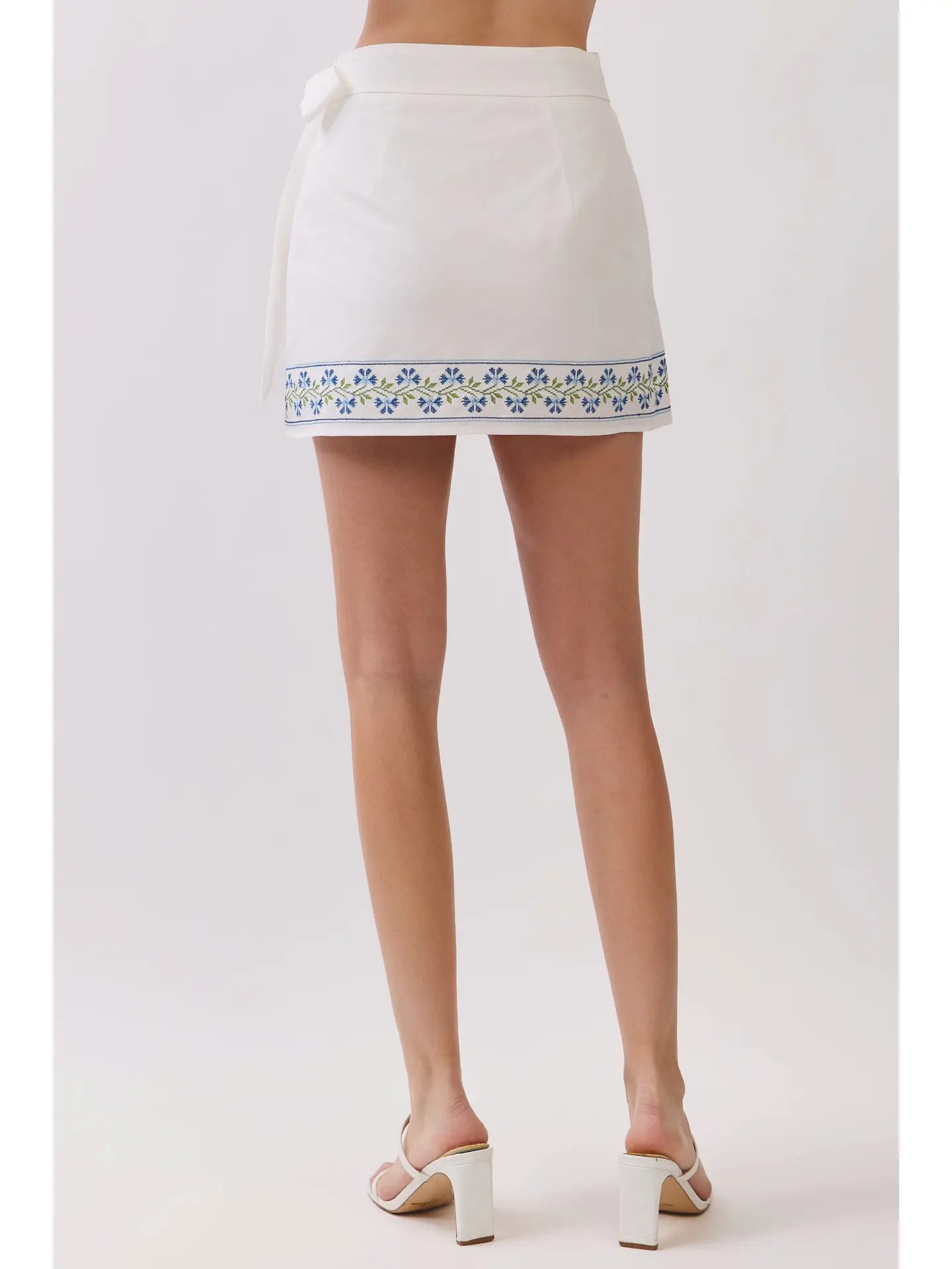 Floral Embroidered Wrap Mini Skirt