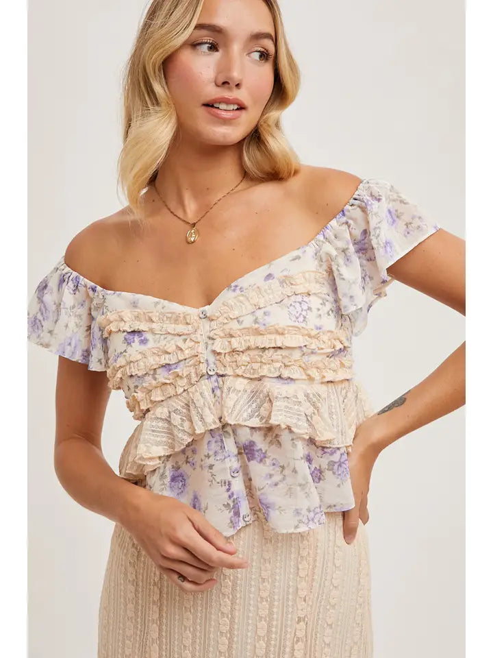 Viola Floral Ruffle Trimmed Sweetheart Top