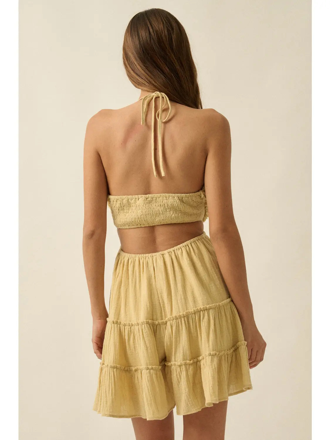 Cotton Gauze Tiered Ruffle Halter Romper