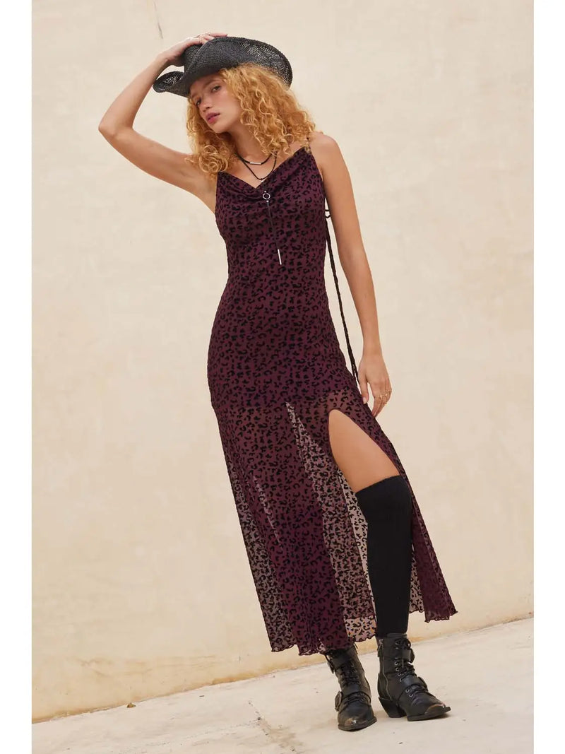 Flocked Leopard Mesh Maxi Dress