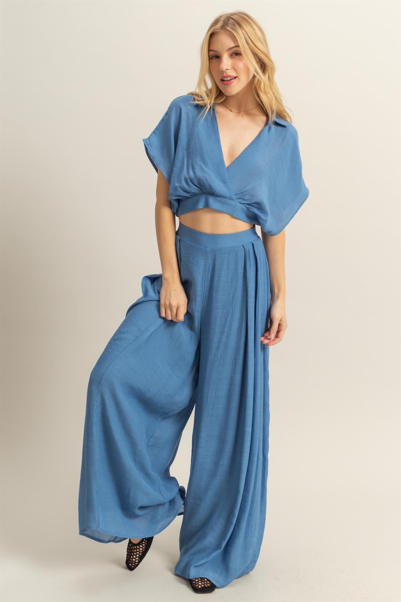 Surplice Top And Pleated Pants Set