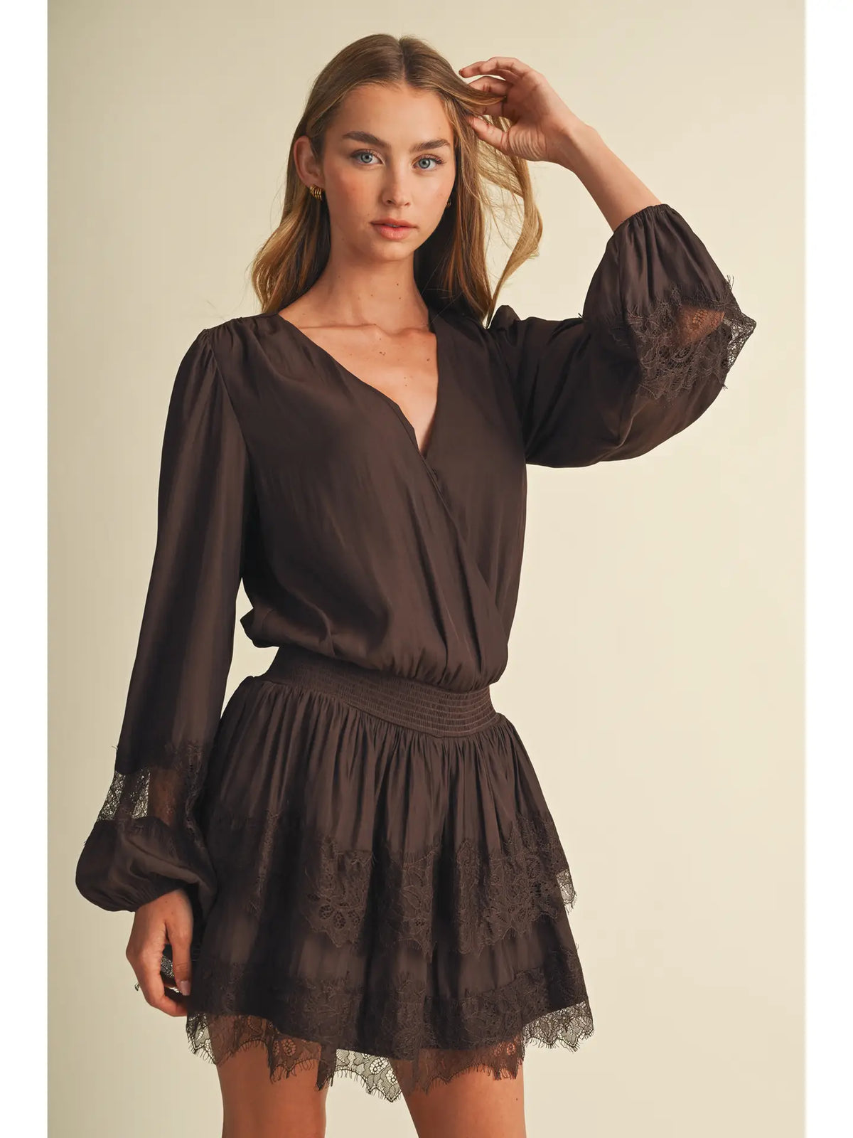 Bishop Sleeve Shirred Waist Lace Dress