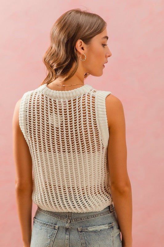 Open Knit Sleeveless Sweater Top