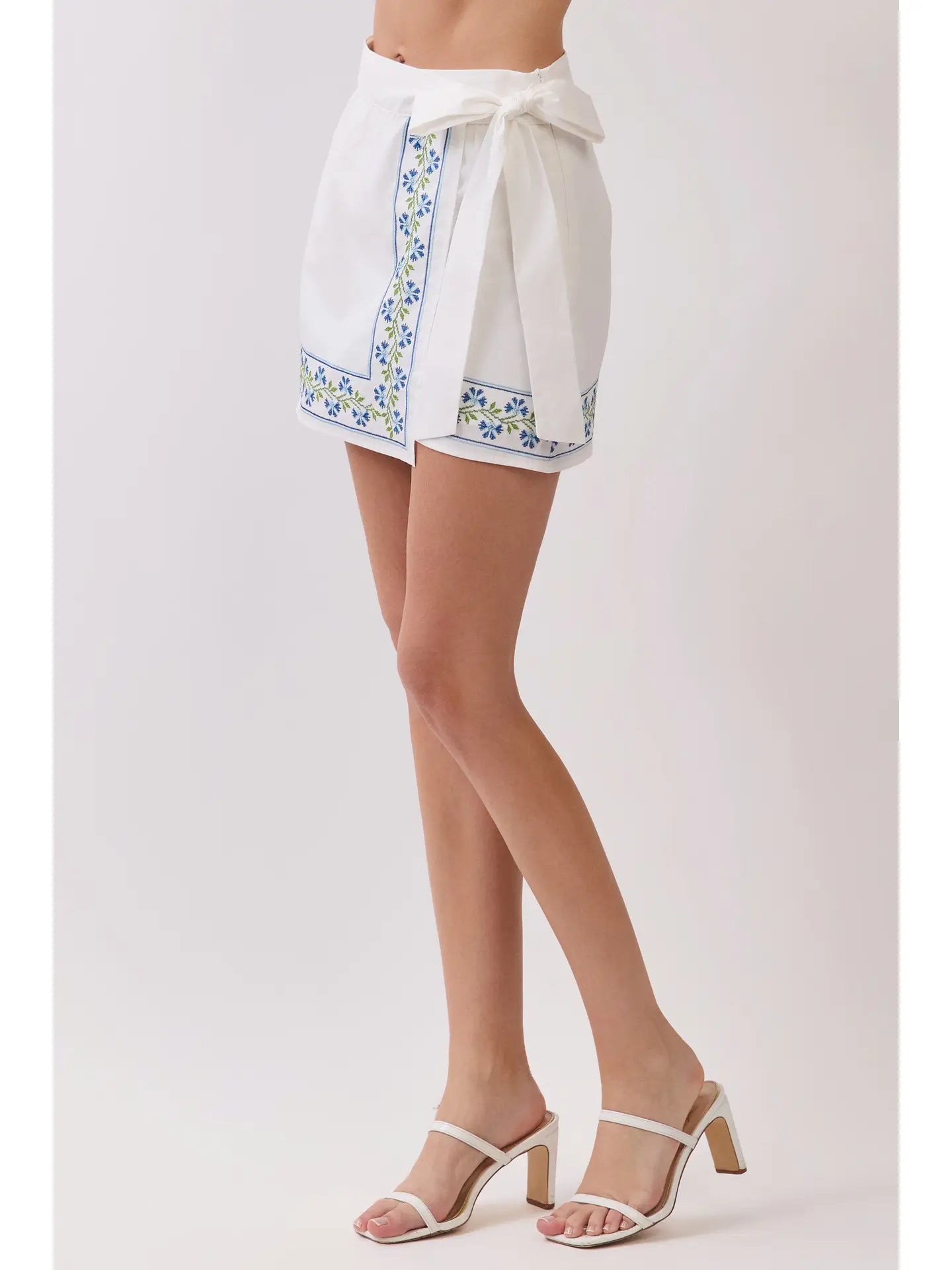 Floral Embroidered Wrap Mini Skirt