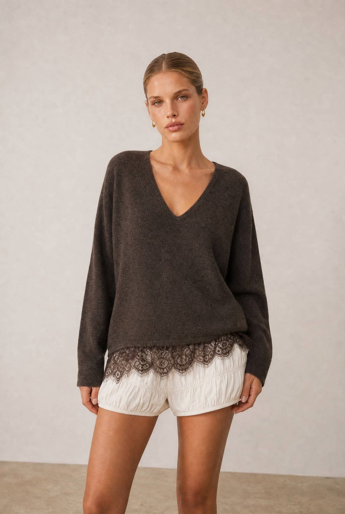 Cozy Fall Lace Hem V-Neck Relaxed Sweater