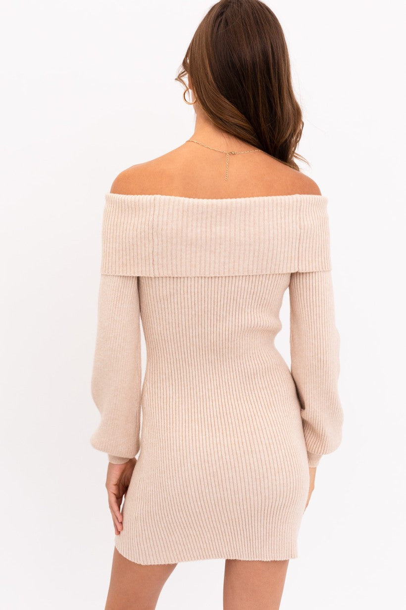 Balloon Sleeve Off Shoulder Ribbed Dress