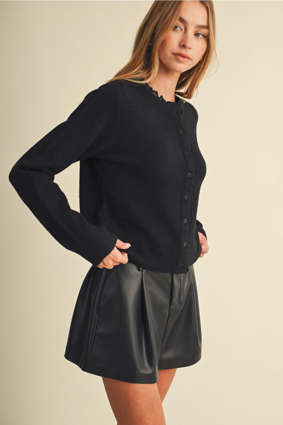 Ruffle-Trim Crew-Neck Knit Blouse