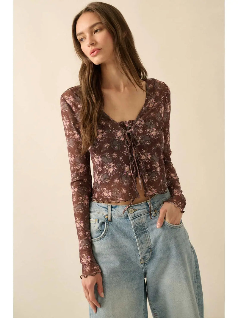 Floral-Print Mesh Layered Top