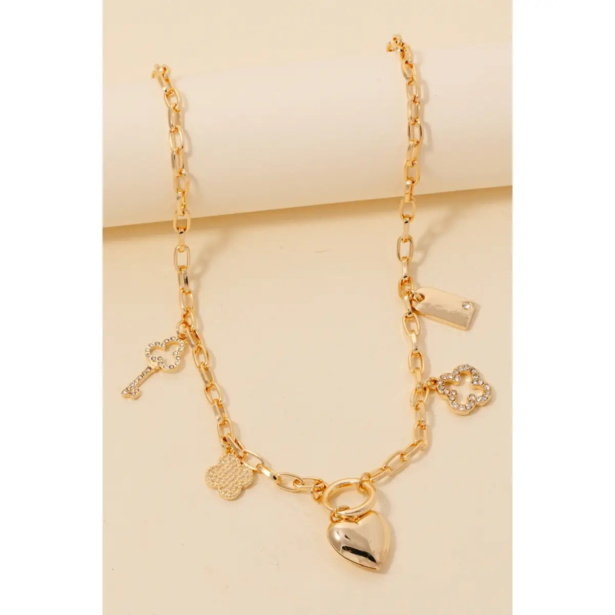 Clover Heart and Key Charm Chain Necklace