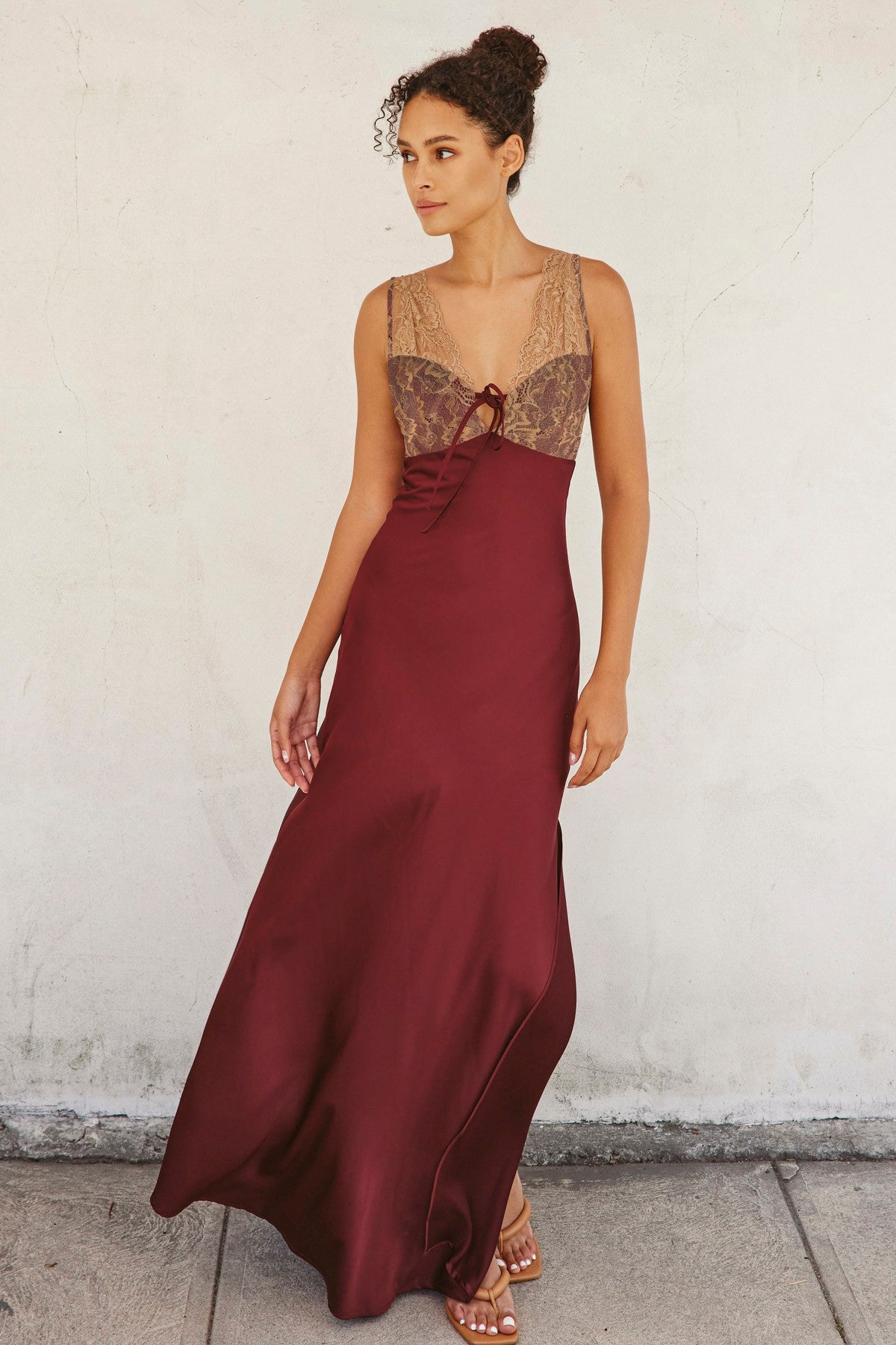 Lace And Satin Contrast Maxi Dress
