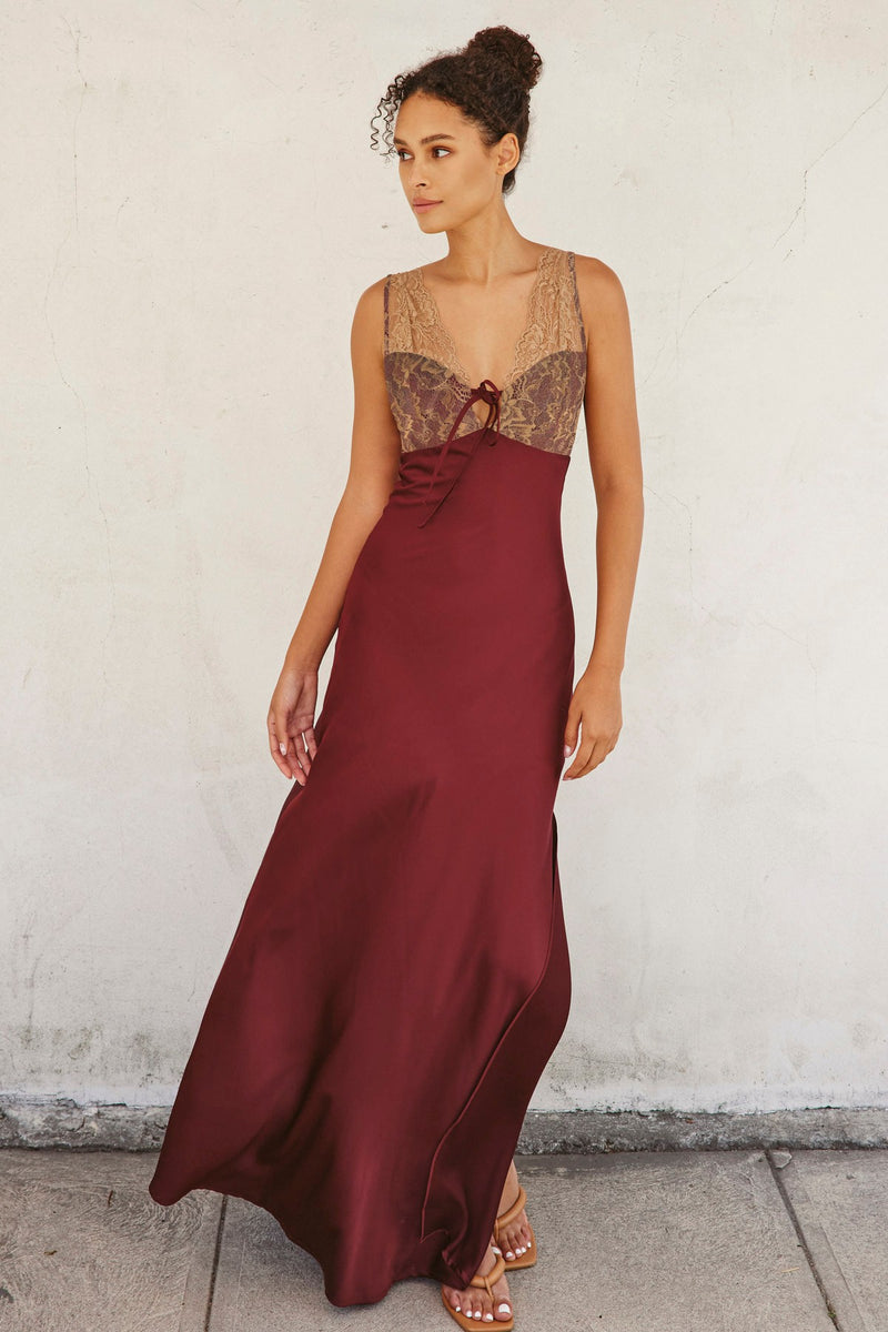 Lace And Satin Contrast Maxi Dress