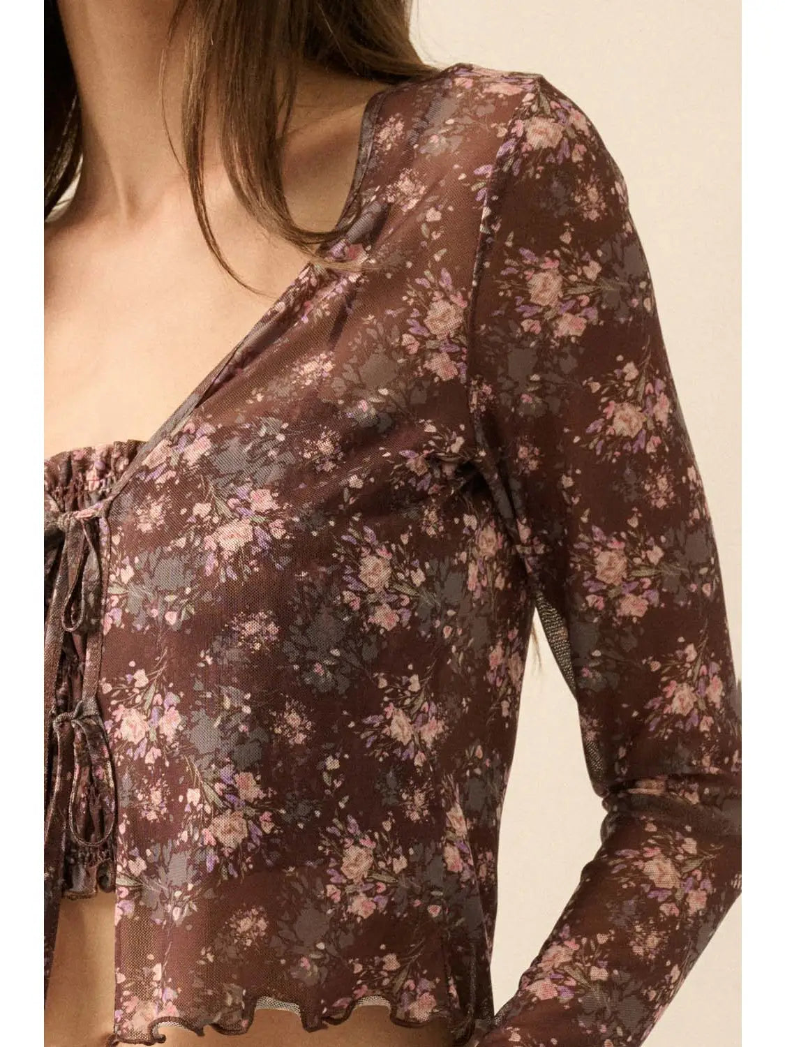 Floral-Print Mesh Layered Top