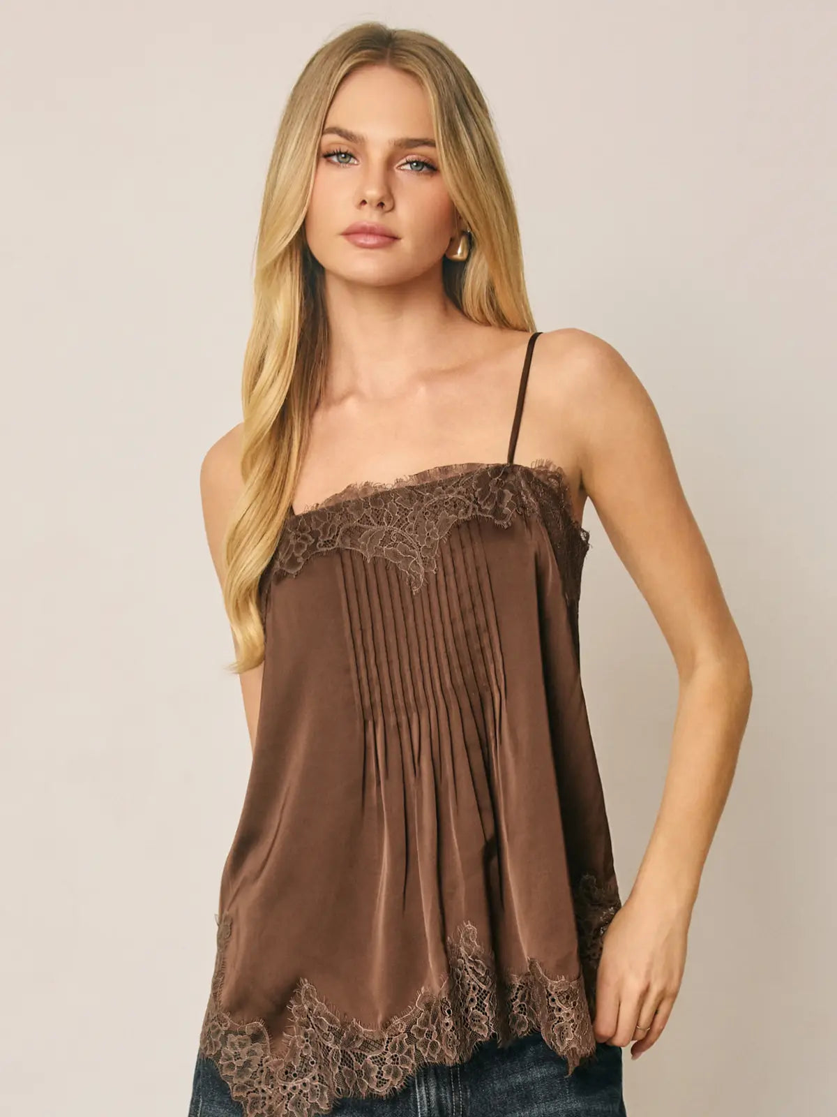 Satin Lace Trim Pintuck Cami Top