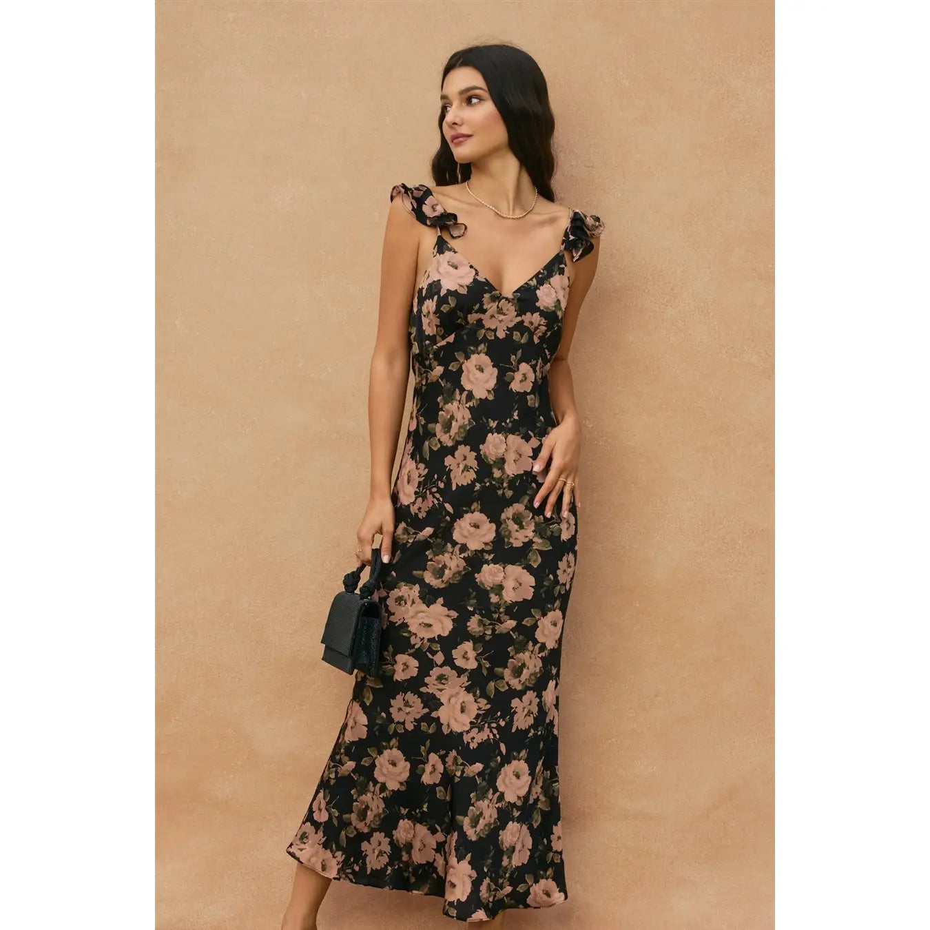 Ashen Rose Flutter Shoulder Maxi Dress
