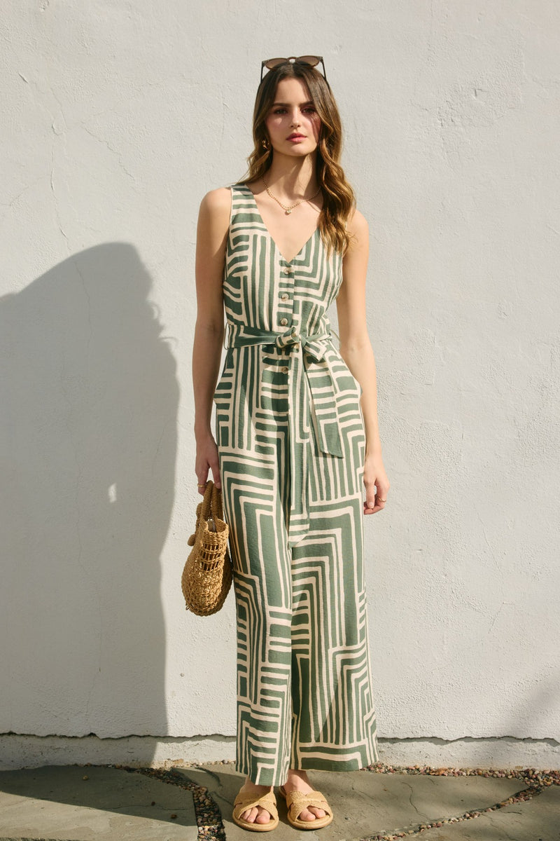 Runaway Button Down Sash Belt Jumpsuit