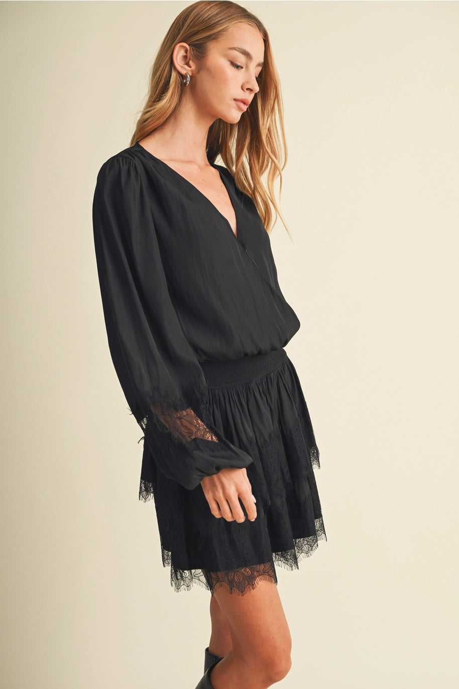 Bishop Sleeve Shirred Waist Lace Dress