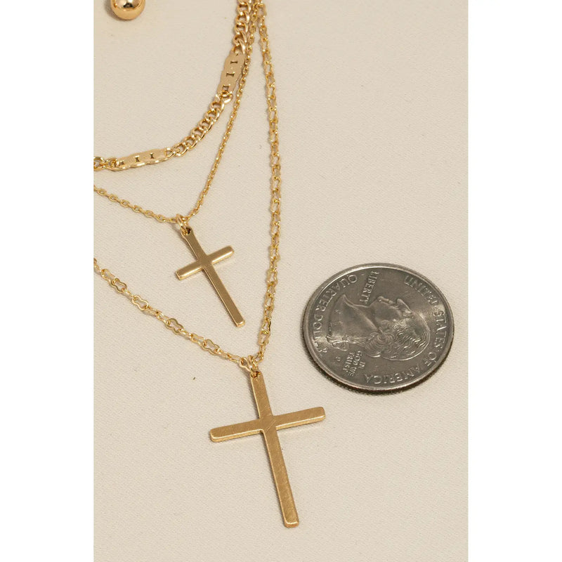 Double Cross Charm Layered Chains Necklace Set