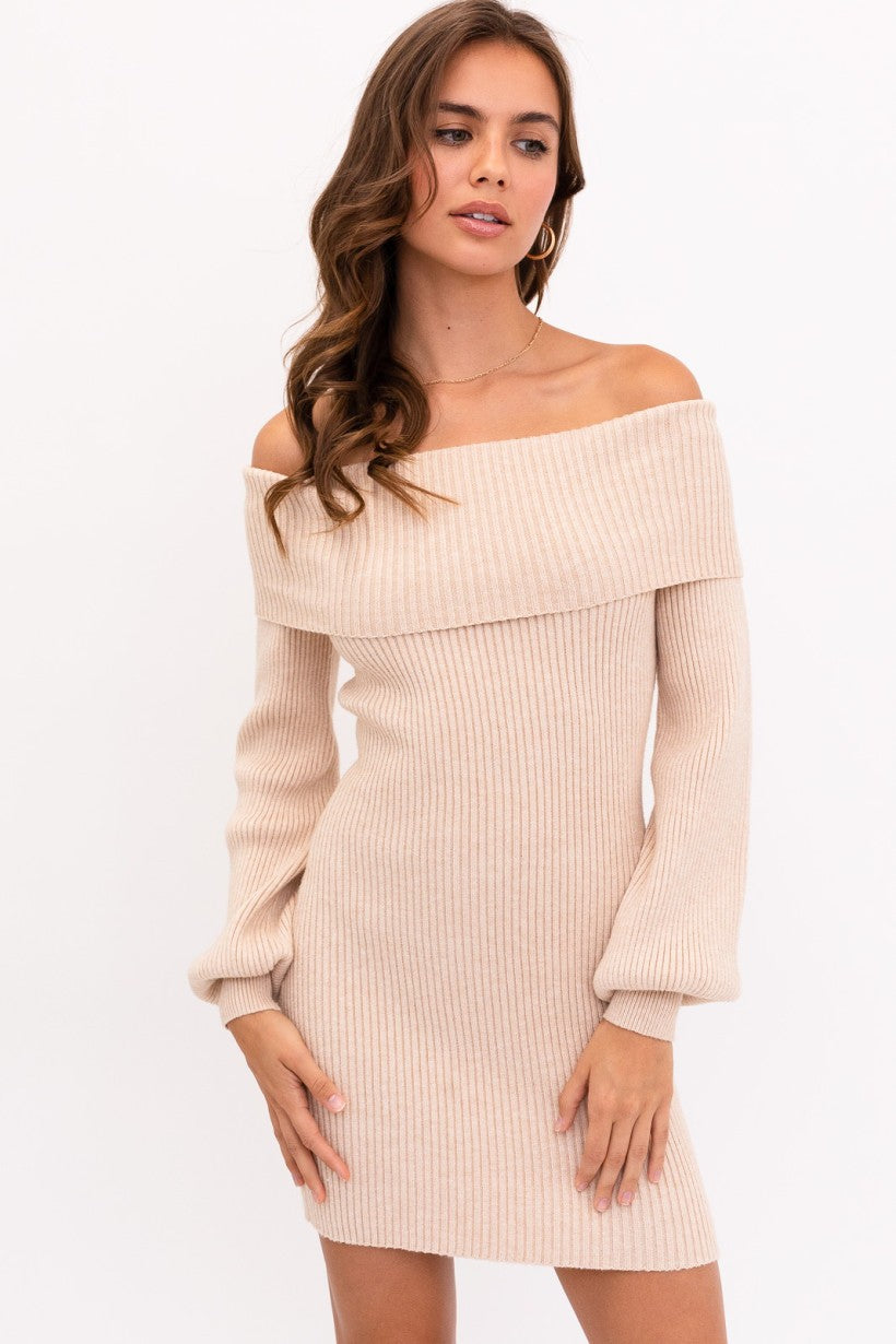 Balloon Sleeve Off Shoulder Ribbed Dress