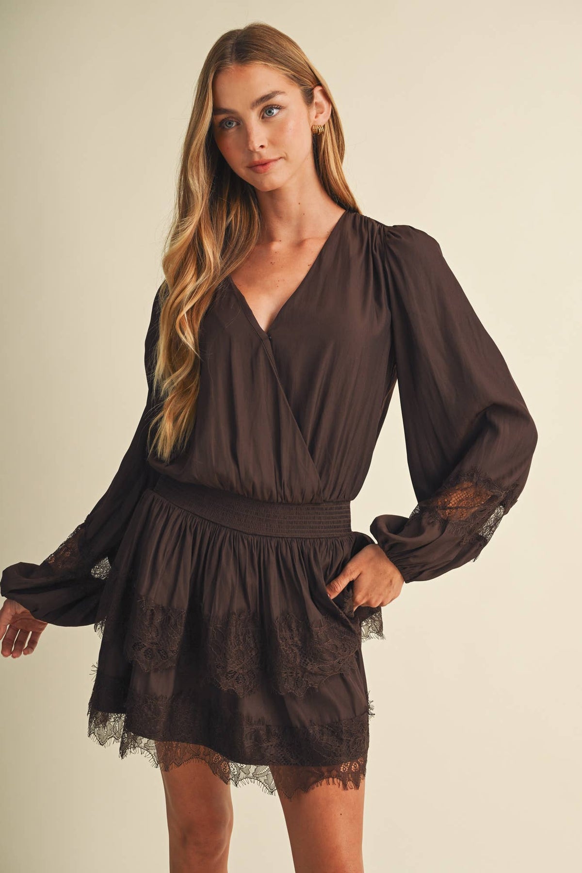 Bishop Sleeve Shirred Waist Lace Dress