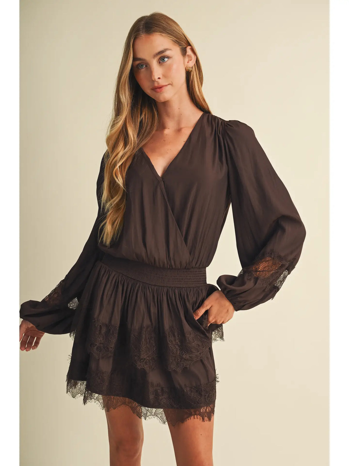 Bishop Sleeve Shirred Waist Lace Dress