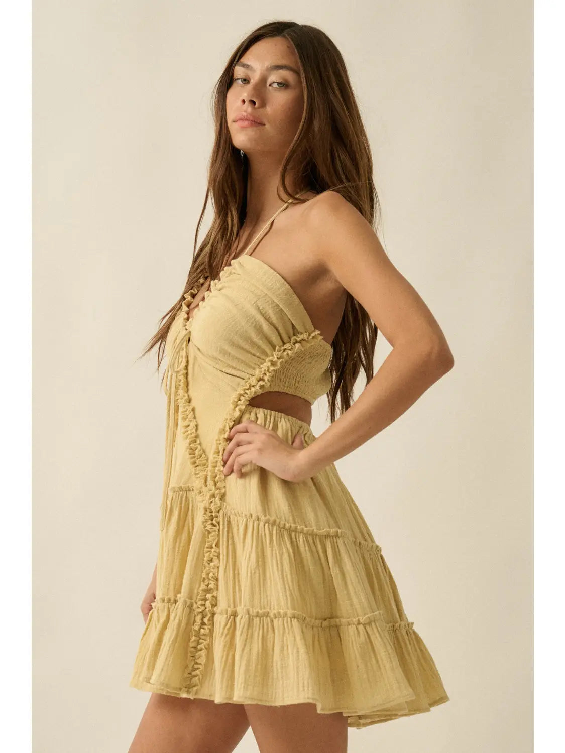 Cotton Gauze Tiered Ruffle Halter Romper