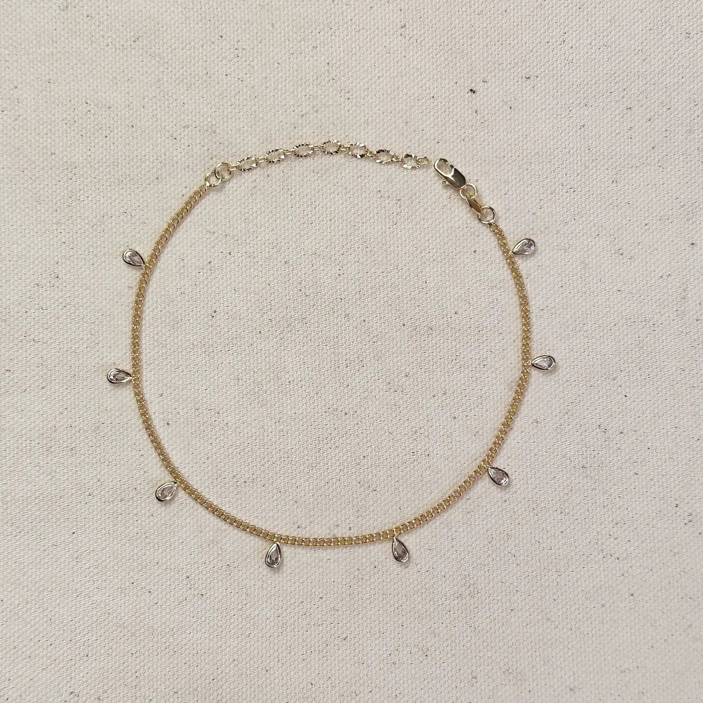 18k Gold Filled 2mm Curb Chain with Bezel Cz Drops Anklet