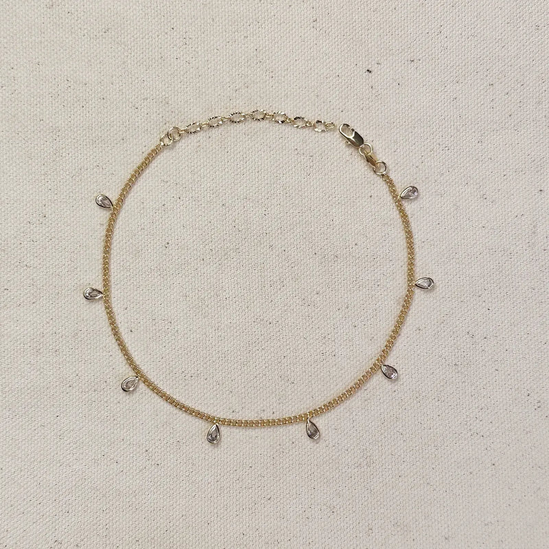 18k Gold Filled 2mm Curb Chain with Bezel Cz Drops Anklet