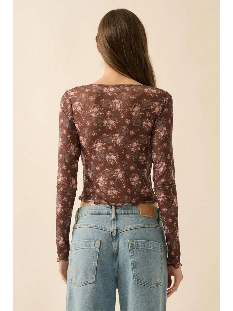 Floral-Print Mesh Layered Top