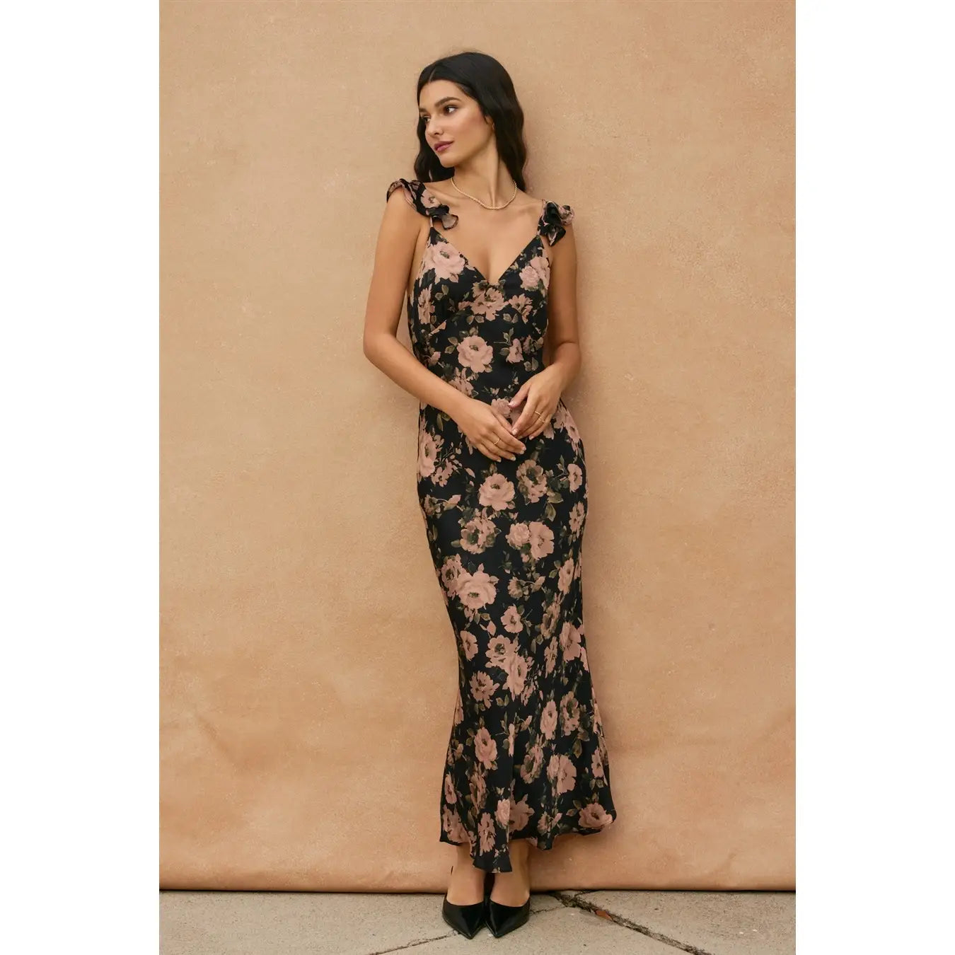 Ashen Rose Flutter Shoulder Maxi Dress